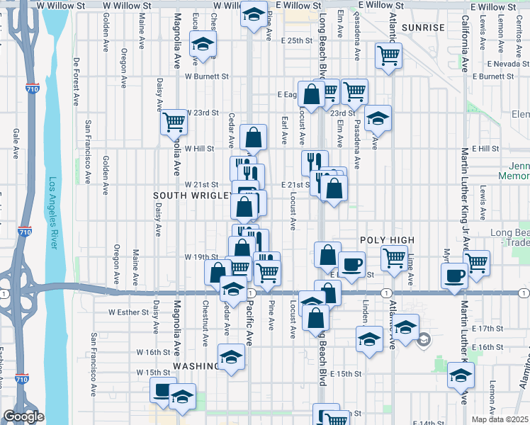 map of restaurants, bars, coffee shops, grocery stores, and more near 1977 Pine Avenue in Long Beach