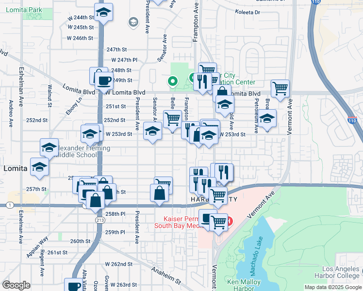map of restaurants, bars, coffee shops, grocery stores, and more near 1340 254th Street in Los Angeles