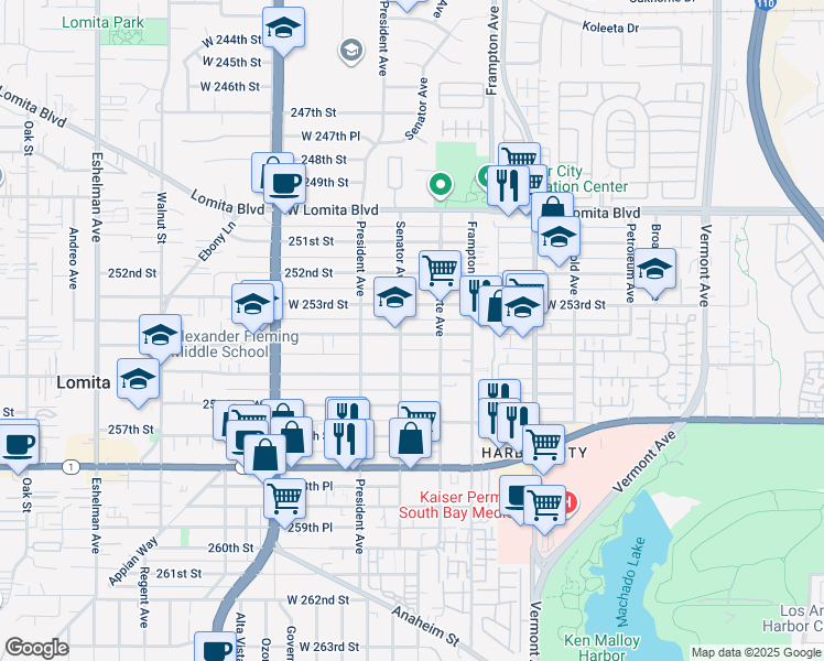 map of restaurants, bars, coffee shops, grocery stores, and more near 1422 254th Street in Los Angeles