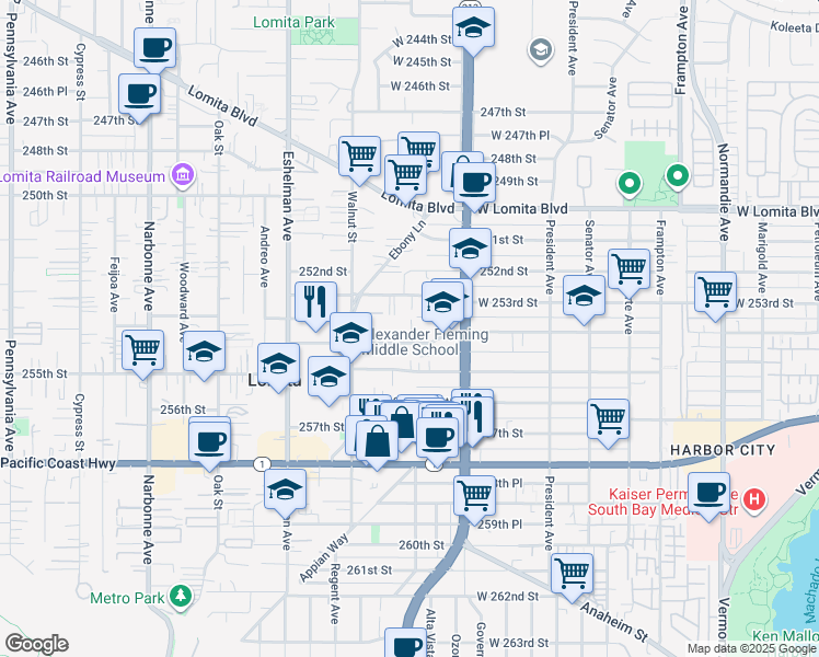 map of restaurants, bars, coffee shops, grocery stores, and more near 1755 254th Street in Lomita