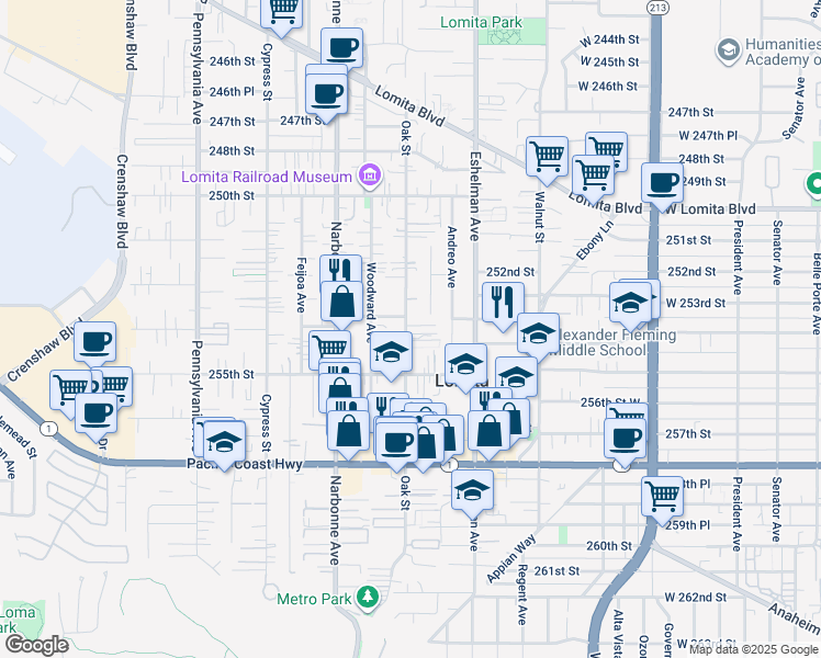map of restaurants, bars, coffee shops, grocery stores, and more near 25400 Oak Street in Lomita