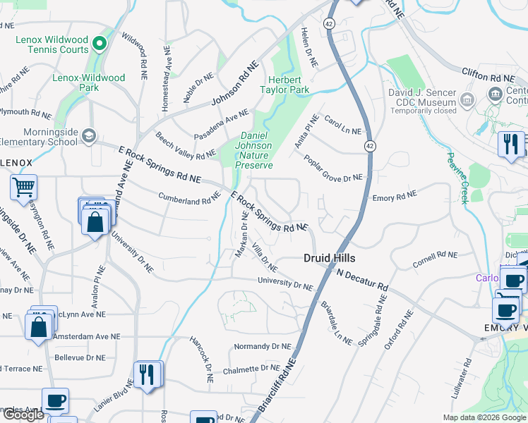 map of restaurants, bars, coffee shops, grocery stores, and more near 1325 Edmund Park Drive Northeast in Atlanta