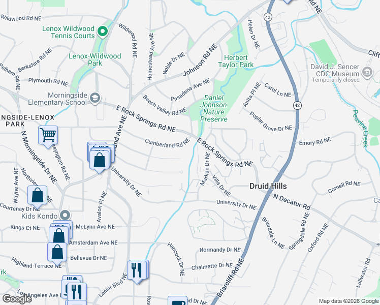 map of restaurants, bars, coffee shops, grocery stores, and more near 1274 Reeder Circle Northeast in Atlanta