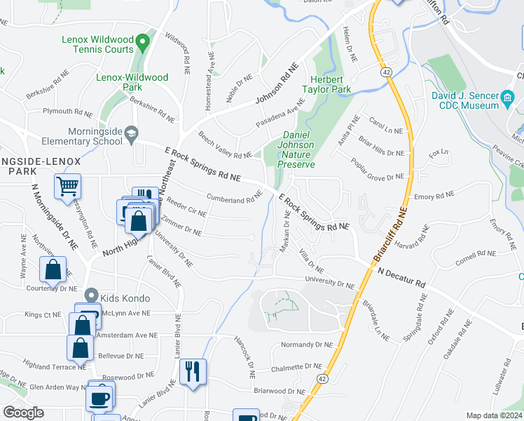 map of restaurants, bars, coffee shops, grocery stores, and more near 1274 Reeder Circle Northeast in Atlanta