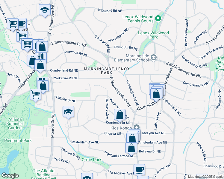 map of restaurants, bars, coffee shops, grocery stores, and more near 1450 North Morningside Drive Northeast in Atlanta