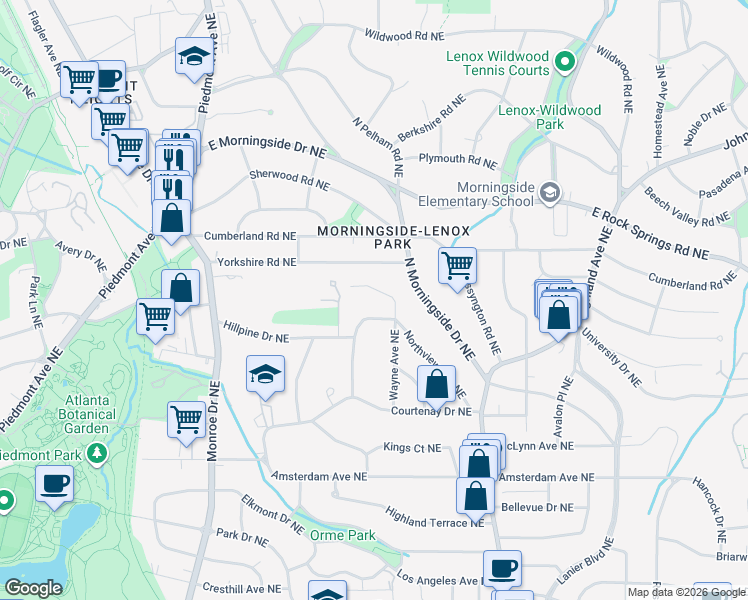 map of restaurants, bars, coffee shops, grocery stores, and more near 826 Hillpine Drive Northeast in Atlanta