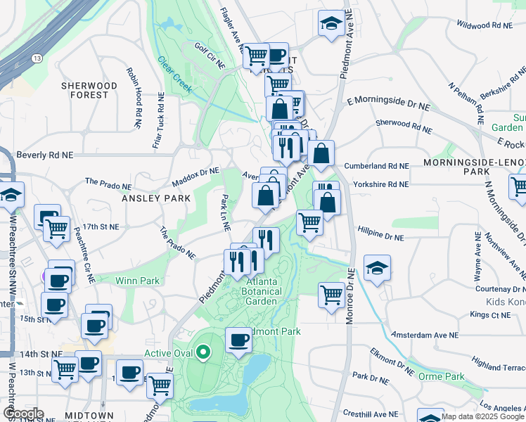 map of restaurants, bars, coffee shops, grocery stores, and more near 244 Westminster Drive Northeast in Atlanta