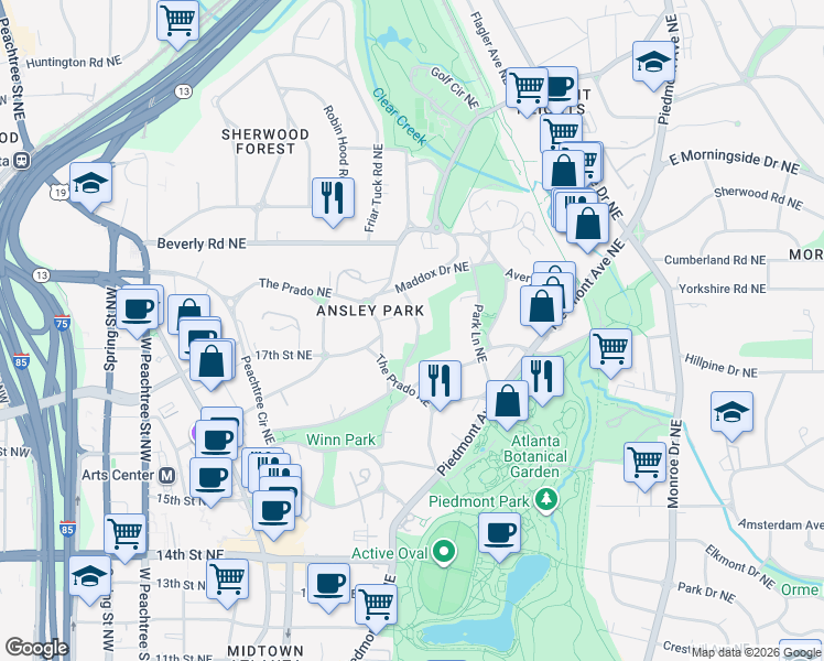 map of restaurants, bars, coffee shops, grocery stores, and more near 141 The Prado Northeast in Atlanta