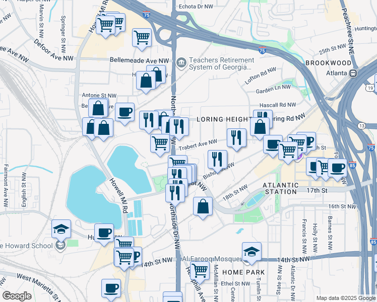 map of restaurants, bars, coffee shops, grocery stores, and more near 568 Trabert Avenue Northwest in Atlanta