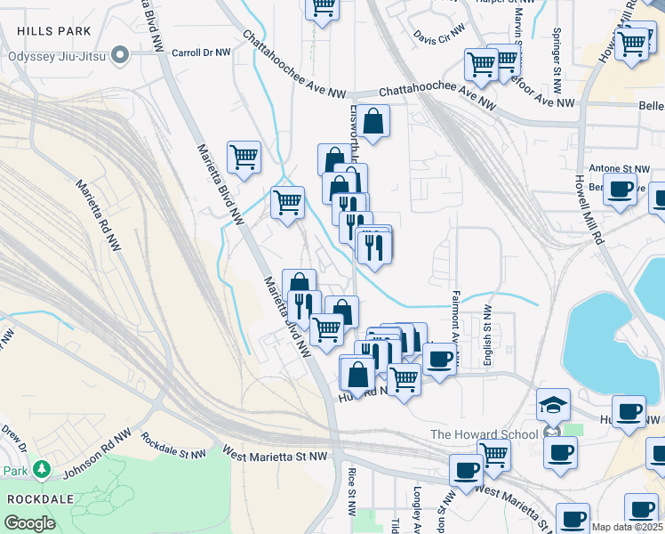 map of restaurants, bars, coffee shops, grocery stores, and more near 1360 Peter Haughton Way in Atlanta