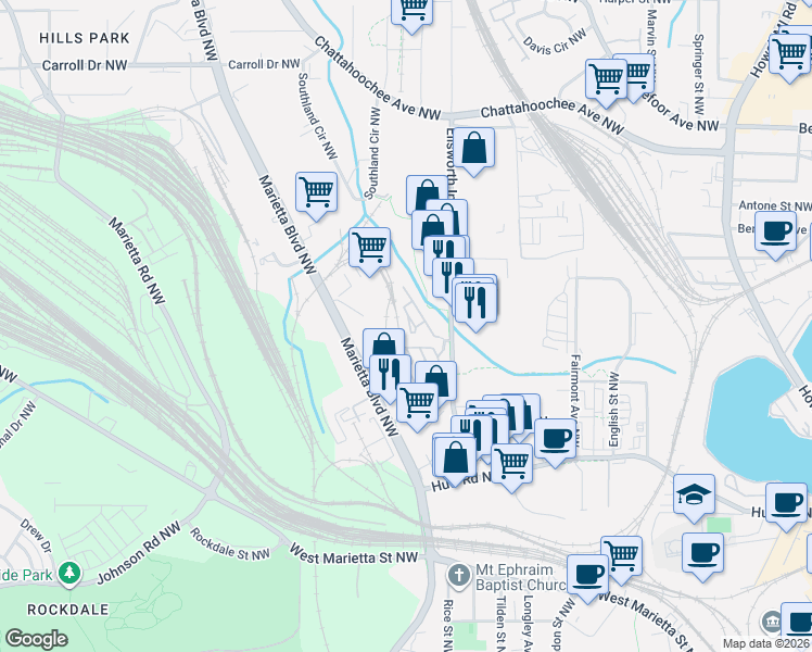 map of restaurants, bars, coffee shops, grocery stores, and more near 1370 Stirling Circle Northwest in Atlanta