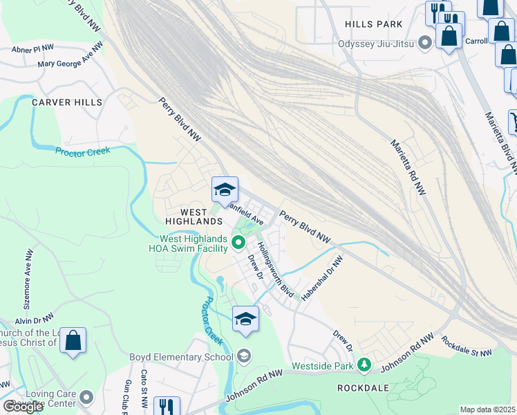 map of restaurants, bars, coffee shops, grocery stores, and more near 976 Arthur Lane Northwest in Atlanta