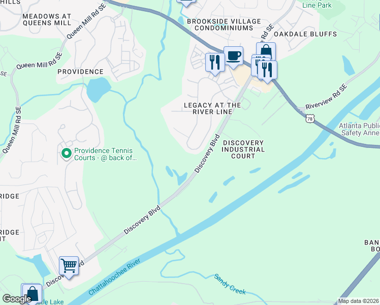 map of restaurants, bars, coffee shops, grocery stores, and more near 6432 Century Park Place Southeast in Mableton