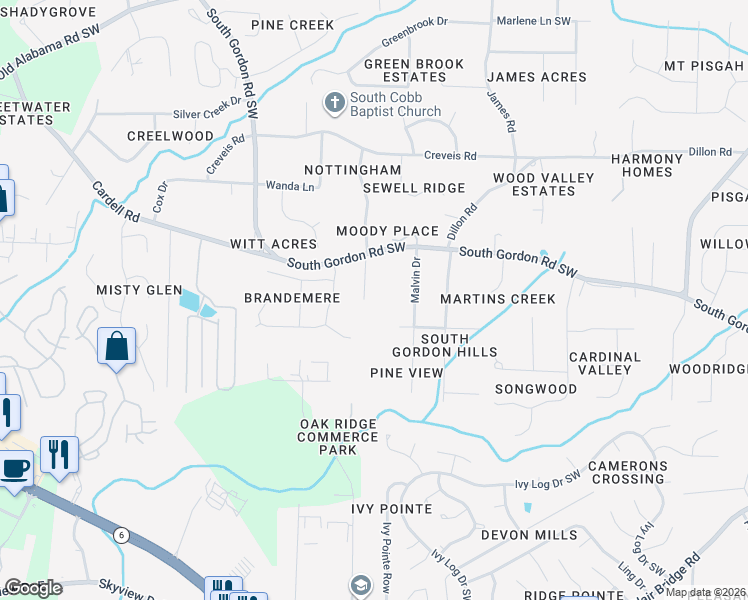 map of restaurants, bars, coffee shops, grocery stores, and more near 6593 Dunwoody Trail in Austell