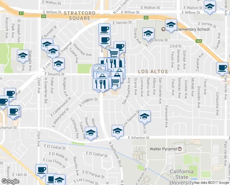 map of restaurants, bars, coffee shops, grocery stores, and more near 5556 East Britton Drive in Long Beach