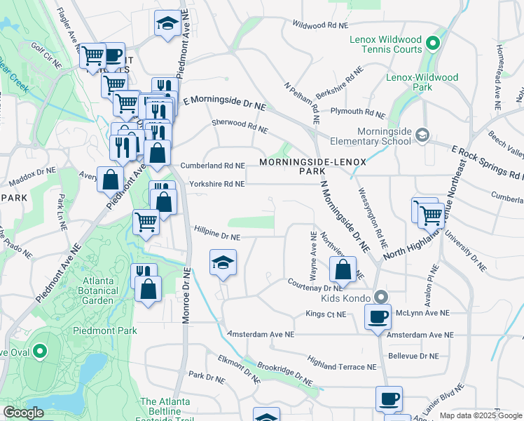 map of restaurants, bars, coffee shops, grocery stores, and more near 701 Hillpine Terrace Northeast in Atlanta