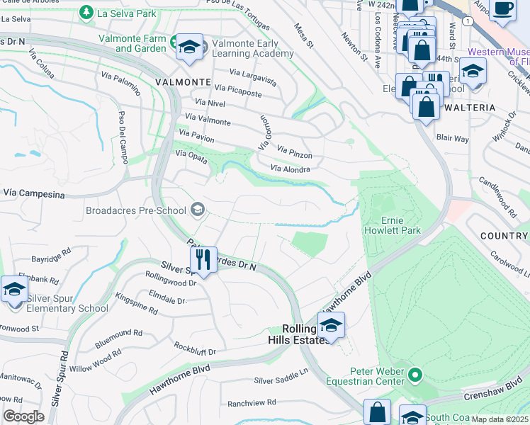 map of restaurants, bars, coffee shops, grocery stores, and more near 4703 Ferncreek Drive in Rolling Hills Estates