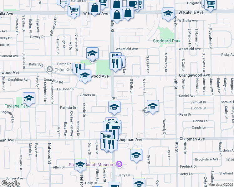 map of restaurants, bars, coffee shops, grocery stores, and more near 1687 West Recreo Plaza in Anaheim