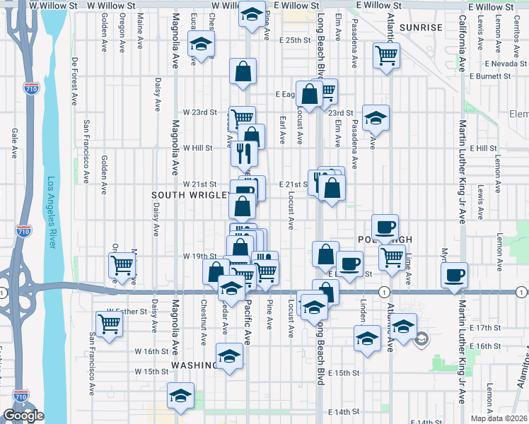 map of restaurants, bars, coffee shops, grocery stores, and more near 2021 Pine Avenue in Long Beach