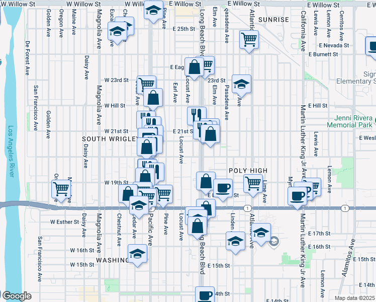 map of restaurants, bars, coffee shops, grocery stores, and more near 2018 Locust Avenue in Long Beach