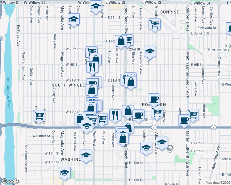 map of restaurants, bars, coffee shops, grocery stores, and more near 202 East 20th Street in Long Beach