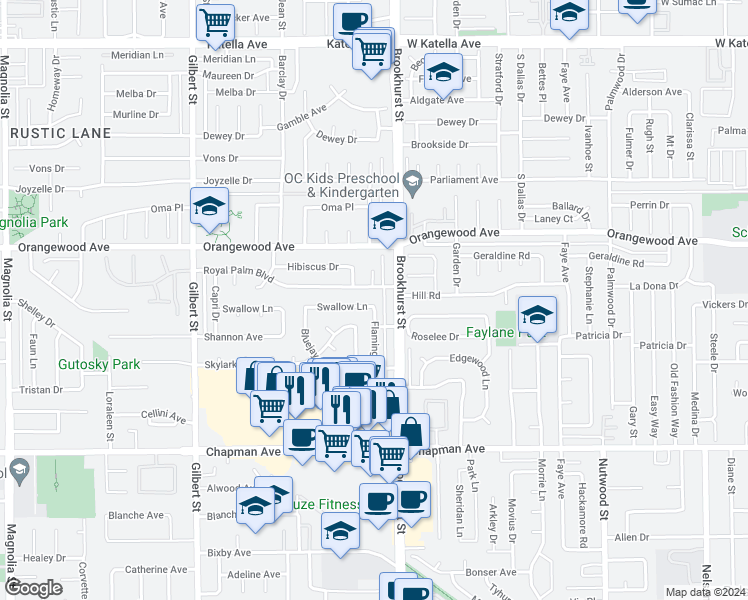 map of restaurants, bars, coffee shops, grocery stores, and more near 9931 Swallow Lane in Garden Grove
