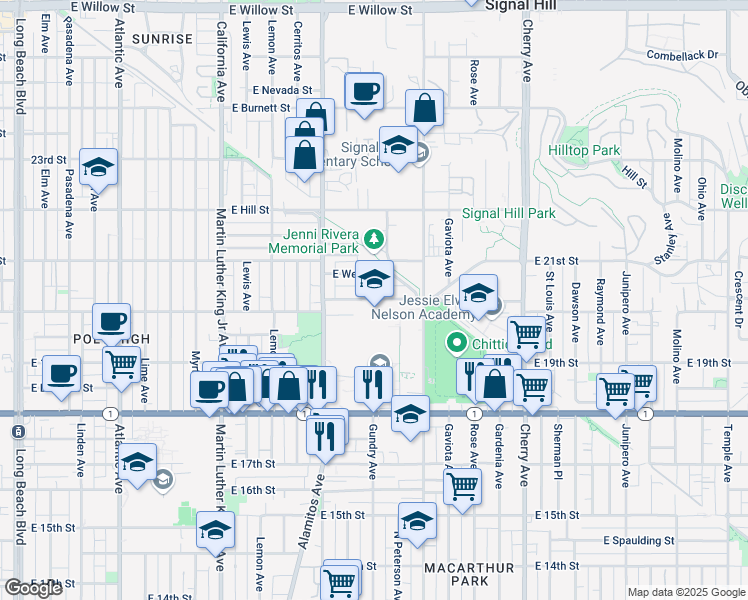 map of restaurants, bars, coffee shops, grocery stores, and more near 1400 East 20th Street in Long Beach