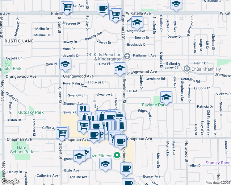 map of restaurants, bars, coffee shops, grocery stores, and more near 9931 Swallow Lane in Garden Grove