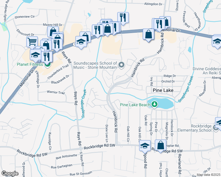 map of restaurants, bars, coffee shops, grocery stores, and more near 600 Abberley Way in Stone Mountain