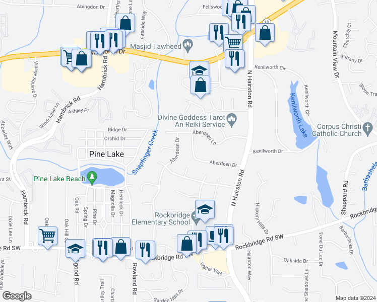 map of restaurants, bars, coffee shops, grocery stores, and more near 691 Aberdeen Drive in Stone Mountain