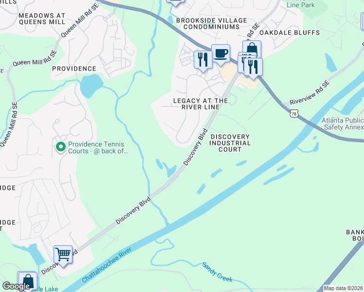 map of restaurants, bars, coffee shops, grocery stores, and more near 6436 Century Park Place in Mableton