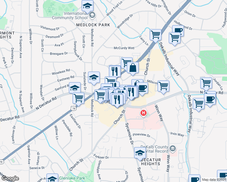 map of restaurants, bars, coffee shops, grocery stores, and more near 2550 Blackmon Drive in Decatur