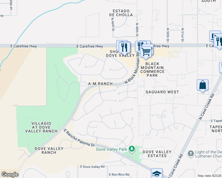 map of restaurants, bars, coffee shops, grocery stores, and more near 4605 East Thorn Tree Drive in Cave Creek