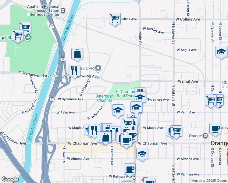 map of restaurants, bars, coffee shops, grocery stores, and more near 400 North Main Street in Orange