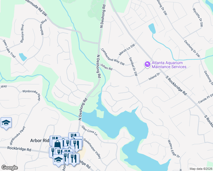 map of restaurants, bars, coffee shops, grocery stores, and more near 7156 Waters Edge Drive in Stone Mountain