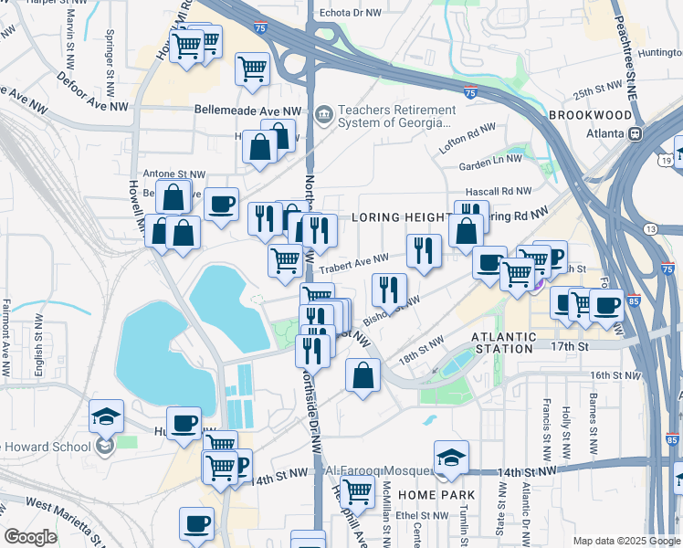 map of restaurants, bars, coffee shops, grocery stores, and more near 568 Trabert Avenue Northwest in Atlanta