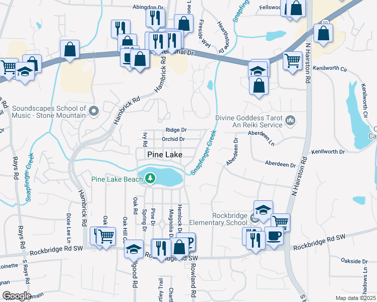 map of restaurants, bars, coffee shops, grocery stores, and more near 4649 Dahlia Drive in Pine Lake