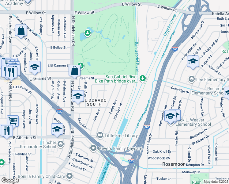 map of restaurants, bars, coffee shops, grocery stores, and more near 2108 Shipway Avenue in Long Beach