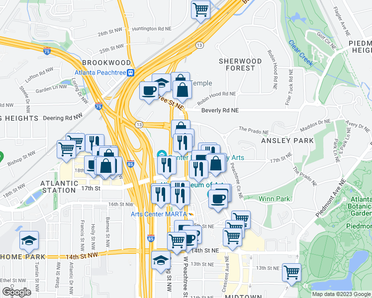 map of restaurants, bars, coffee shops, grocery stores, and more near 2171 West Peachtree Street Northwest in Atlanta
