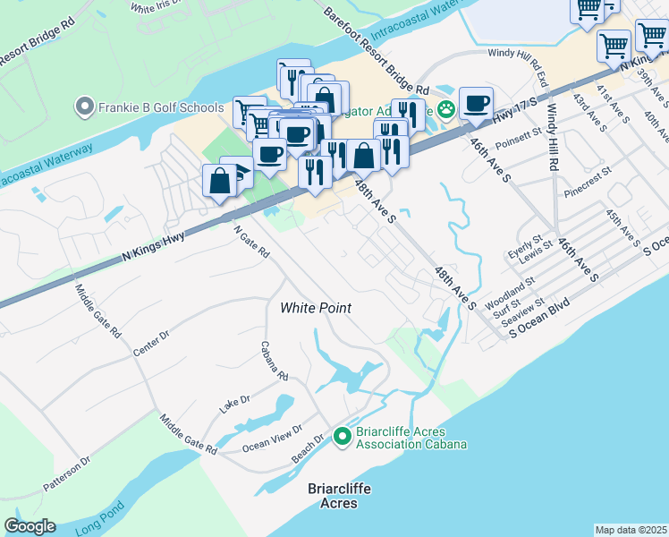 map of restaurants, bars, coffee shops, grocery stores, and more near Ocean Creek Drive in Horry County