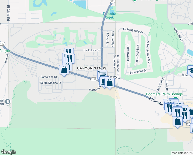 map of restaurants, bars, coffee shops, grocery stores, and more near 2542 East Miramonte Circle in Palm Springs