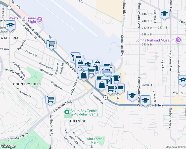 map of restaurants, bars, coffee shops, grocery stores, and more near 2755 Pacific Coast Highway in Torrance