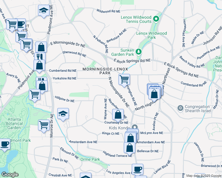 map of restaurants, bars, coffee shops, grocery stores, and more near 1450 North Morningside Drive Northeast in Atlanta