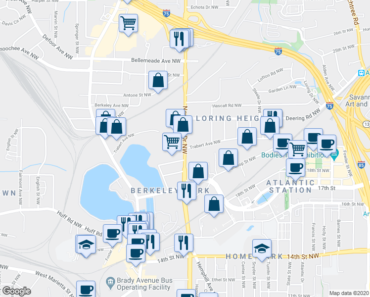 map of restaurants, bars, coffee shops, grocery stores, and more near Northside Drive Northwest & Trabert Avenue Northwest in Atlanta