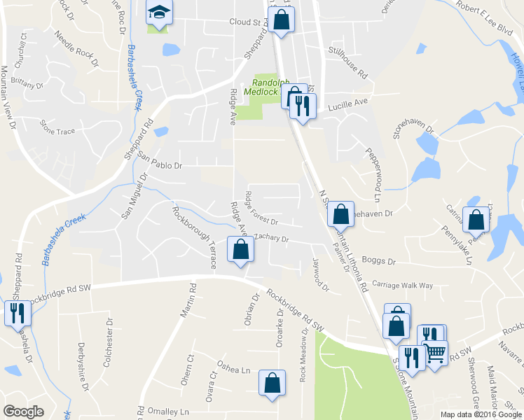map of restaurants, bars, coffee shops, grocery stores, and more near 5343 Ridge Forest Drive in Stone Mountain