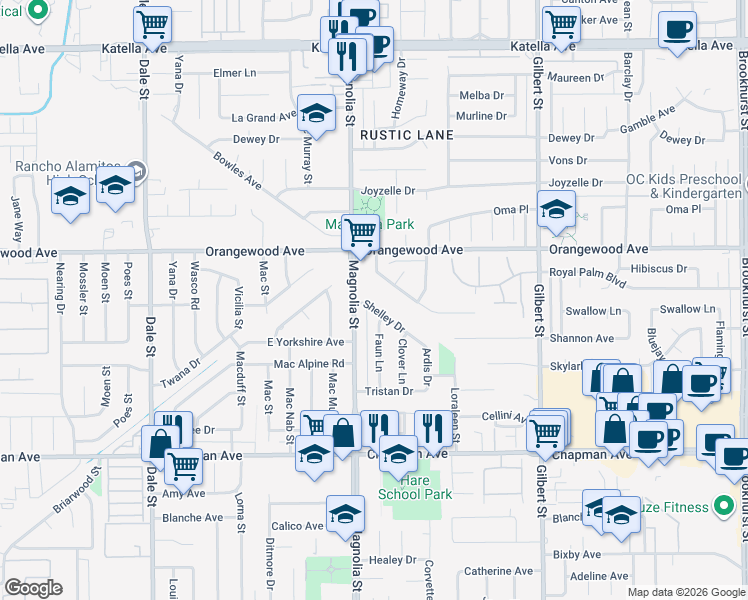 map of restaurants, bars, coffee shops, grocery stores, and more near 9041 Shelley Drive in Garden Grove