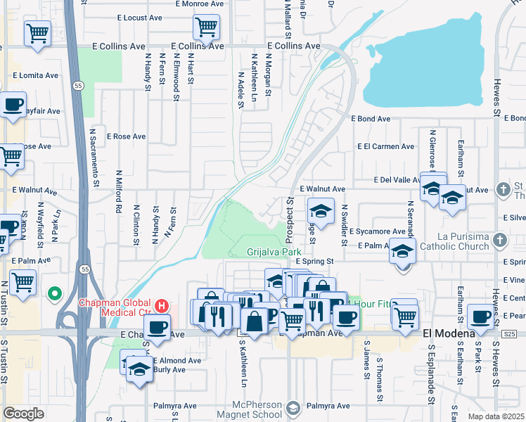 map of restaurants, bars, coffee shops, grocery stores, and more near in Orange