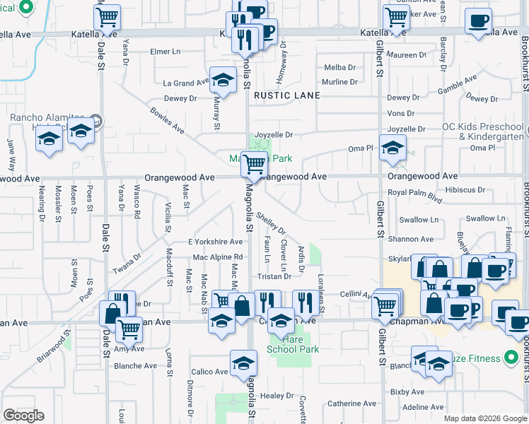 map of restaurants, bars, coffee shops, grocery stores, and more near 9041 Shelley Drive in Garden Grove