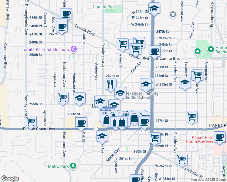 map of restaurants, bars, coffee shops, grocery stores, and more near 1928 253rd Place in Lomita