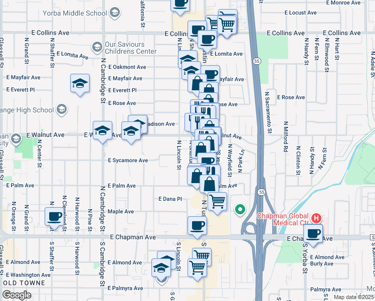 map of restaurants, bars, coffee shops, grocery stores, and more near 444 North Shattuck Place in Orange